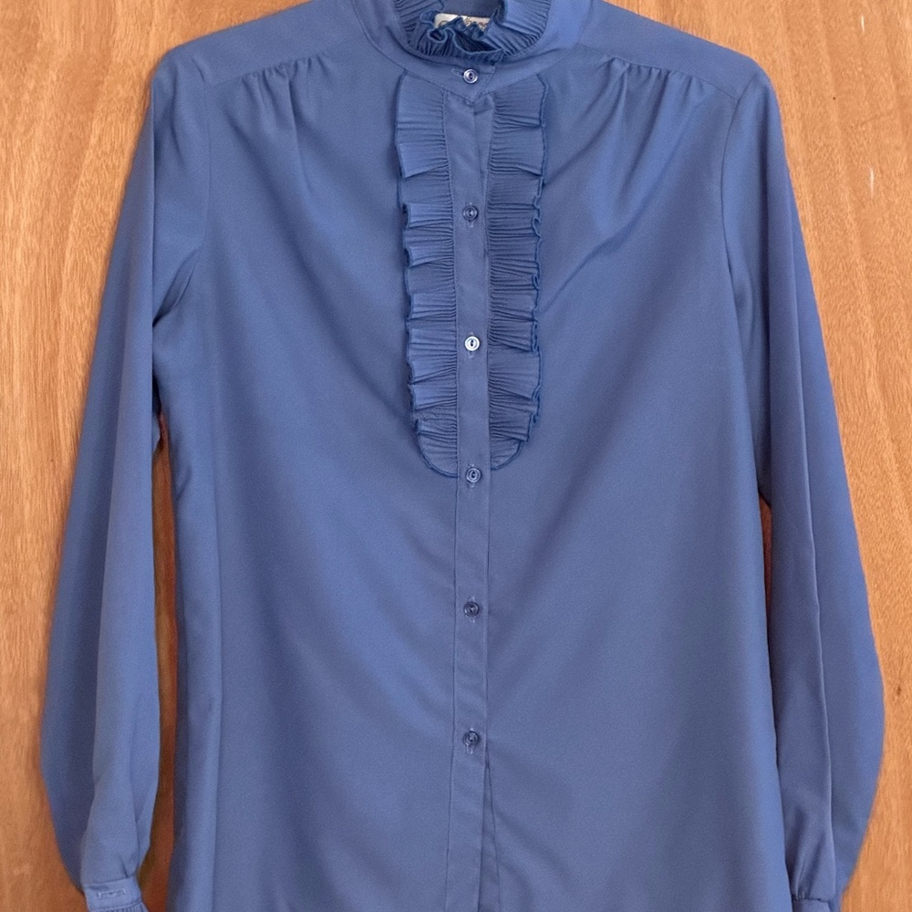 Vintage 1980s Periwinkle Accordion Ruffle Women's Blouse